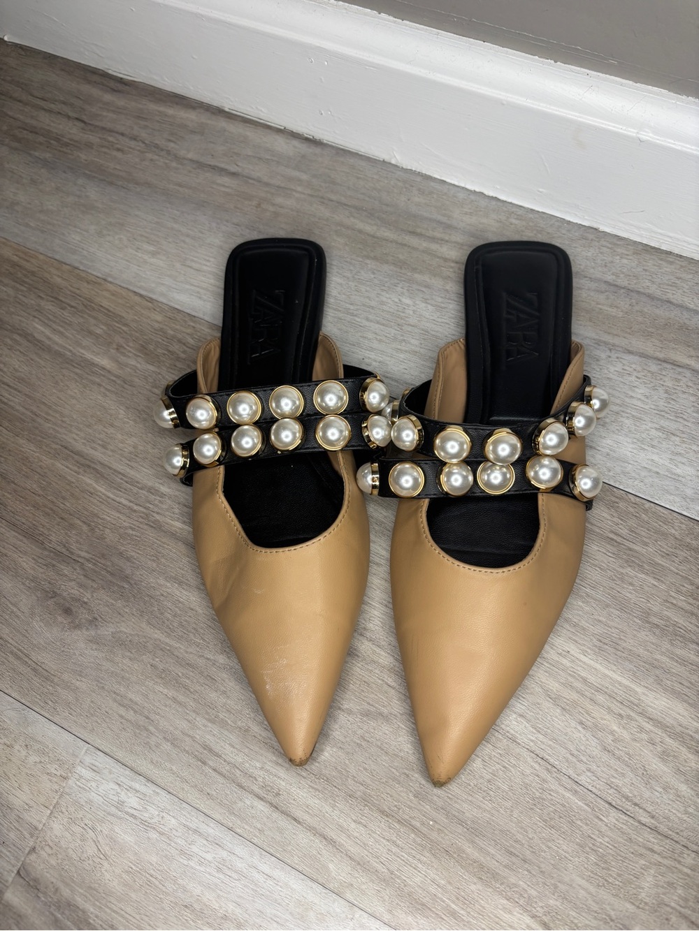 Zara Tan Pointed Toe Mules with Pearl-Studded Black Straps